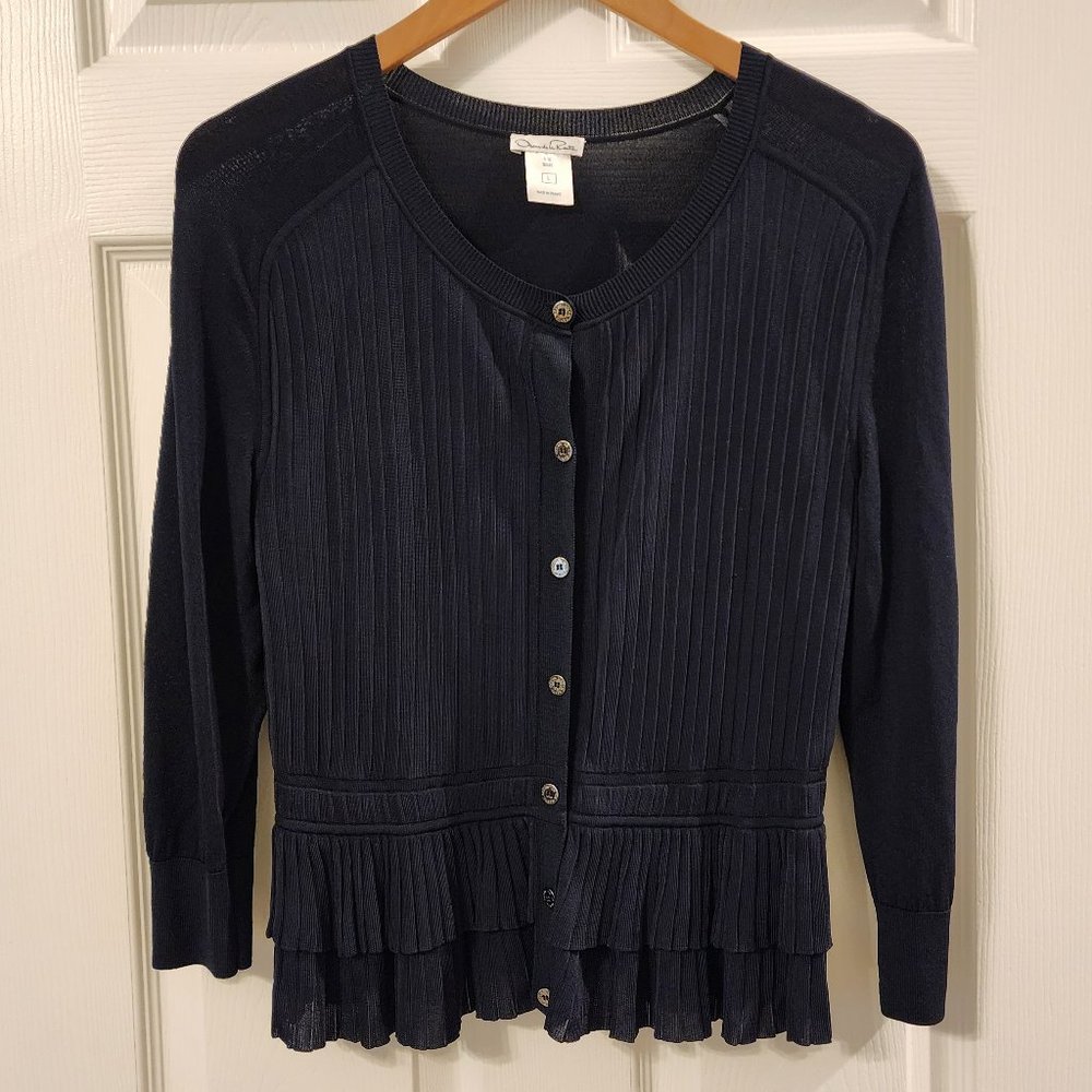 Oscar de la Renta Navy Button Front Ruffle Hem Cardigan Size: L - Picture 13 of 16